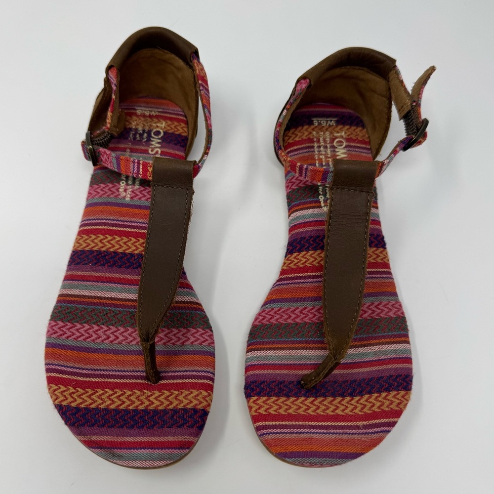 Toms Sandals, Sz‎ 5.5, leather, canvas, boho, hippie, t strap, ankle, beach - Picture 2 of 11
